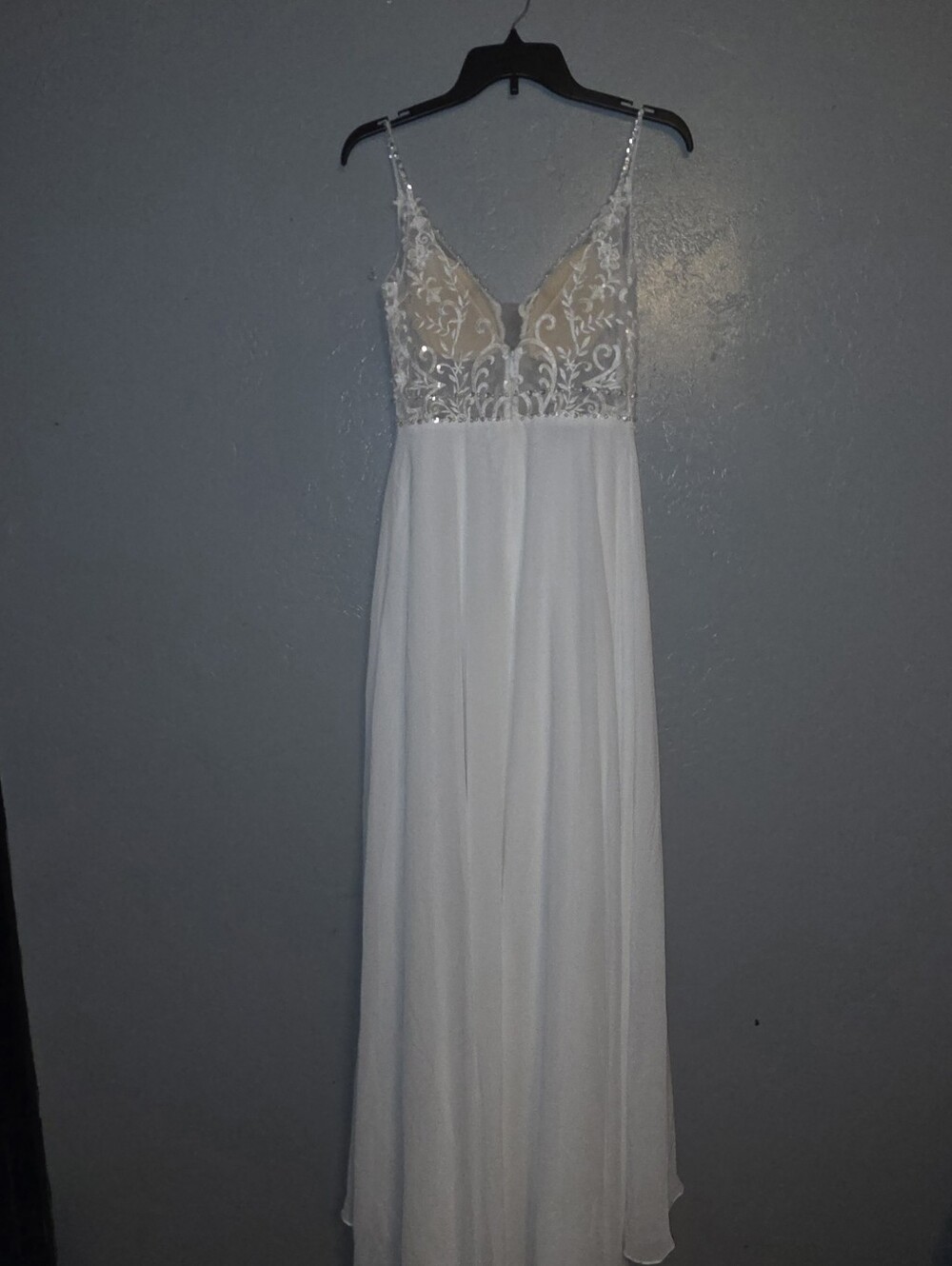 JJs House Ivory Floral Sequin A-Line Wedding Dress with Spaghetti Straps NWT - Picture 3 of 9